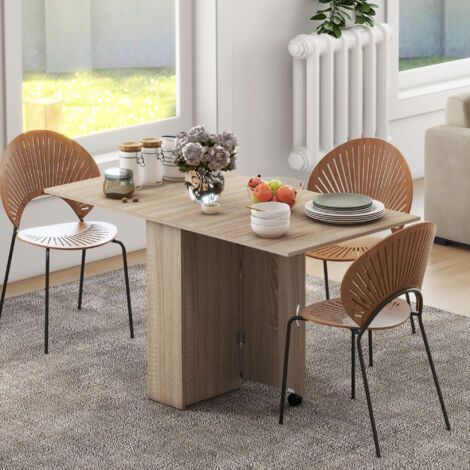 Table à manger pliante mobile sur roulettes 2 plateaux rabattables et 2 étagères intégrées 140 x 80 x 74 cm naturel