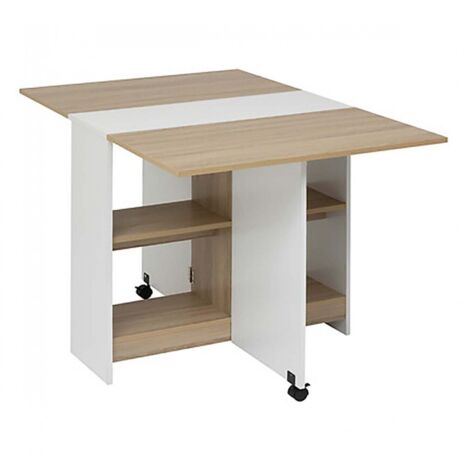 Table à manger pliante multifonctions avec roulettes et étagères de rangement, coloris chêne/blanc - Longueur 120,5 x Profondeur 80 x Hauteur 75 cm
