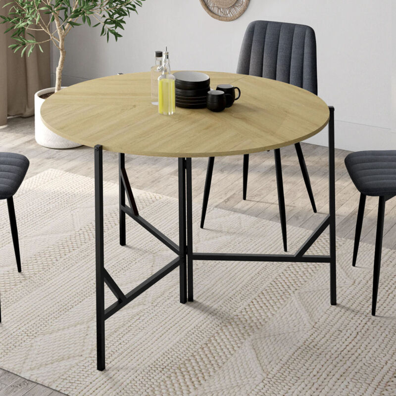 Idmarket - Table à manger pliante ronde yael 4 personnes bois et noir design industriel 110 cm