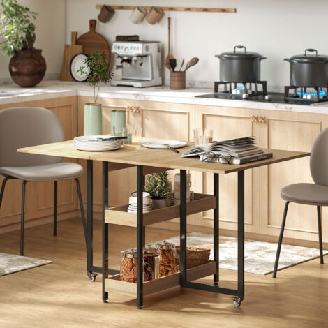 Table à manger pliante sur roulettes 4 personnes avec compartiments ouverts. pour petits espaces. salle à manger. chêne