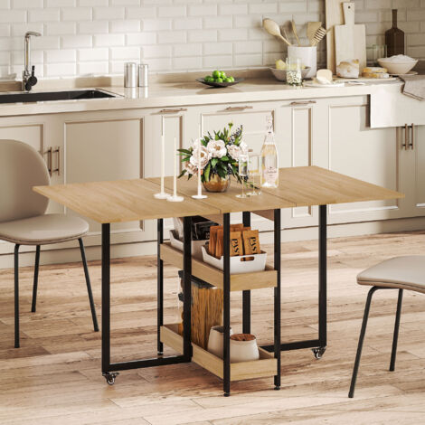 Table à manger pliante sur roulettes 4 personnes avec compartiments ouverts, pour petits espaces, salle à manger, chêne