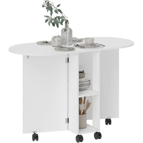 Table à manger pliante sur roulettes, table de cuisine pour 4 personnes, 2 abattants et 2 étagères, 120x60x77cm, blanc