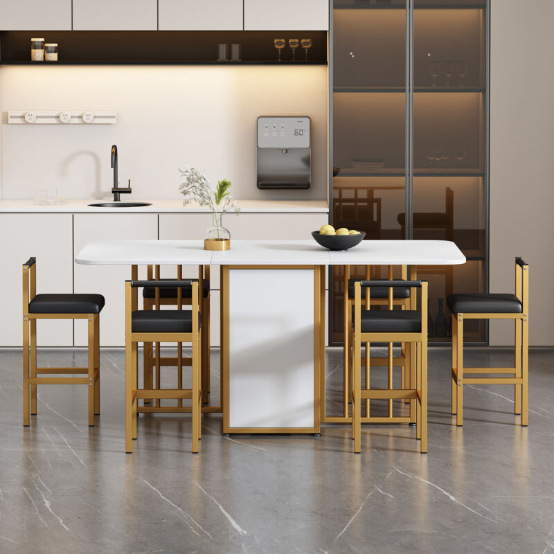 Ensemble de salle à manger avec table à manger pliante, 6 chaises de salle à mange, table avec rangement, blanc et or, rectangle