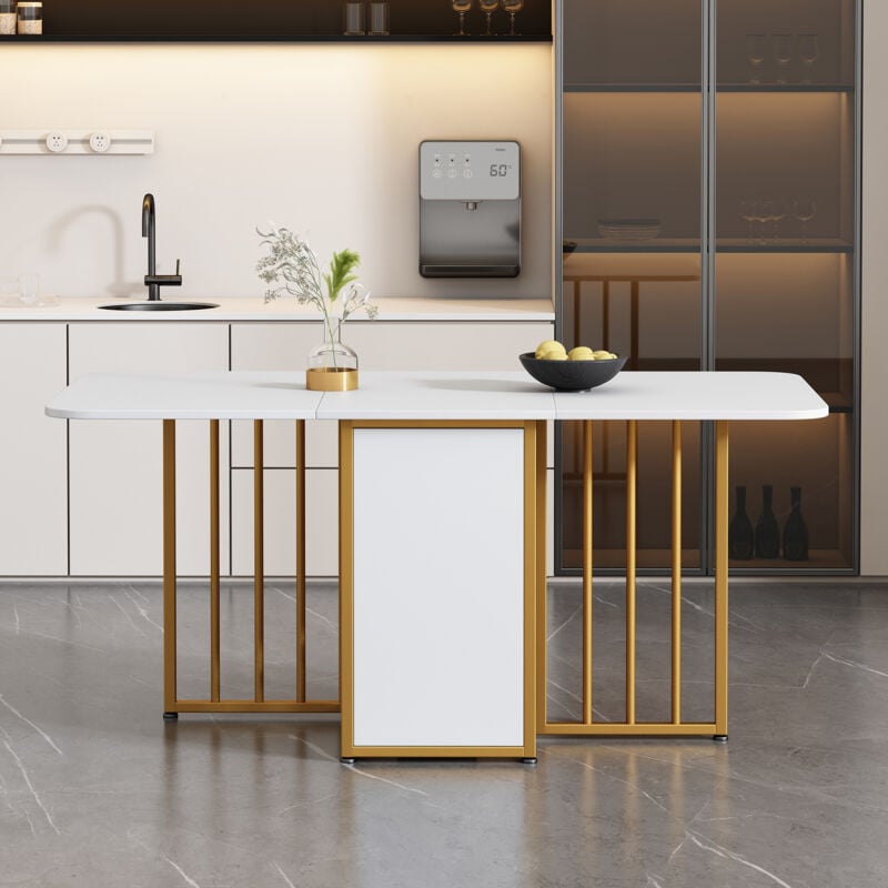 Wishdor - Table à manger extensible, table à manger blanc pliante en 3 formes avec tiroirs, 160 x 70 x 75 cm