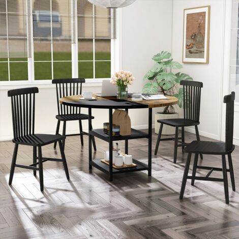 Table à Manger pour 4-6 Personnes Table de Cuisine Ronde en Bois de 119 cm avec Design Bicolore en Blocs 2 Étagères & Pieds Métalliques Noir