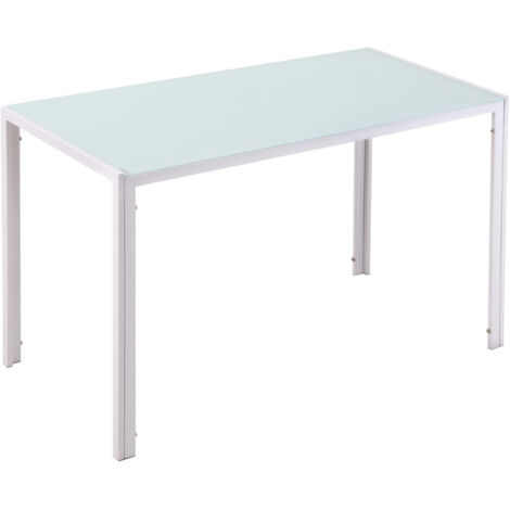 Table à manger pour 4 personnes, table de cuisine avec plateau en verre trempé et pieds en métal, 120x60x75cm, blanc