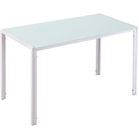 Table à manger pour 4 personnes, table de cuisine avec plateau en verre trempé et pieds en métal, 120x60x75cm, blanc