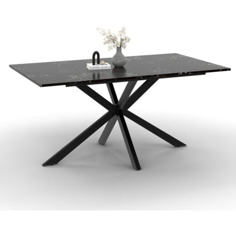 Table à manger rectangle ALIX 8 personnes pied araignée noir et plateau effet marbre noir ALASKA 160 cm