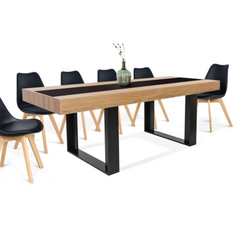 Table à manger rectangle PHOENIX 8 personnes bois et noir bande centrale noire 200 cm
