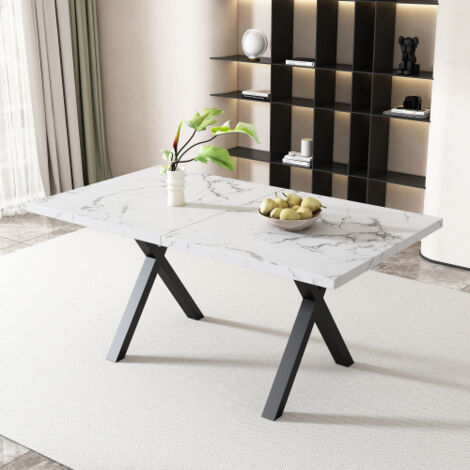 Table à manger rectangulaire 140 x 80 x 76 cm avec pieds croisés, effet marbre, couleur noir et blanc