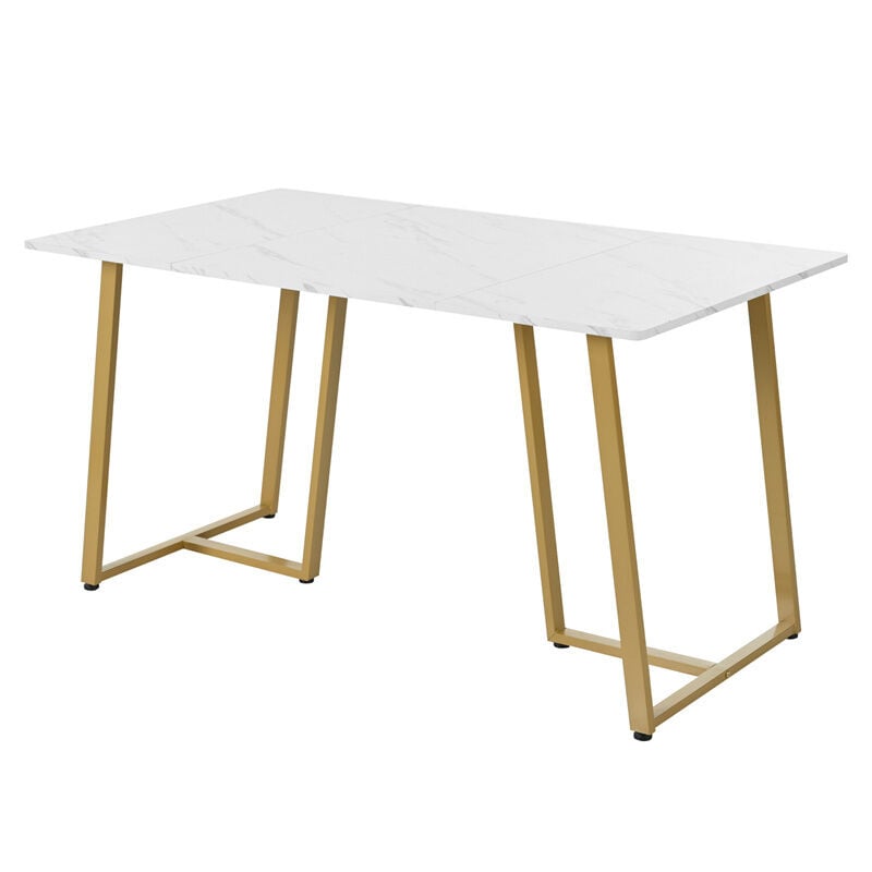 Table à manger rectangulaire 140x80cm, 1 pc, structure en métal, plateau en motif marbre, pieds réglables, blanc/or