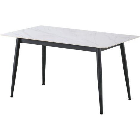 Table à manger rectangulaire coloris effet marbre blanc et pieds en métal Noir - Longueur 140 x Largeur 80 x Hauteur 75 cm