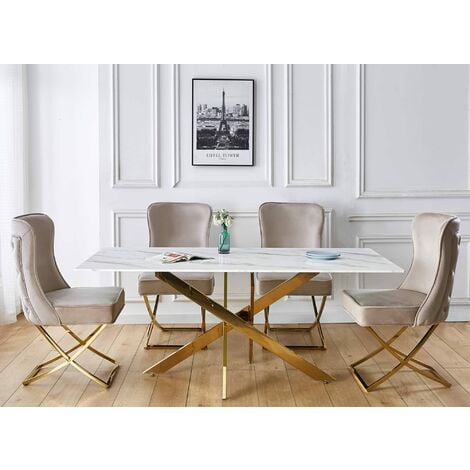 Table à manger rectangulaire design verre marbré et pieds dorés 6 personnes MELISSA - blanc