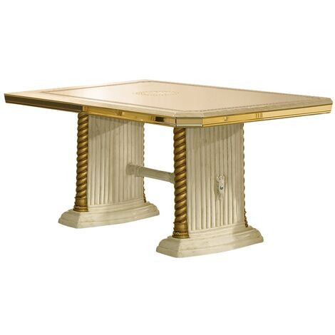 Table à manger rectangulaire extensible bois vernis laqué brillant beige et blanc Vinza 185 à 230cm