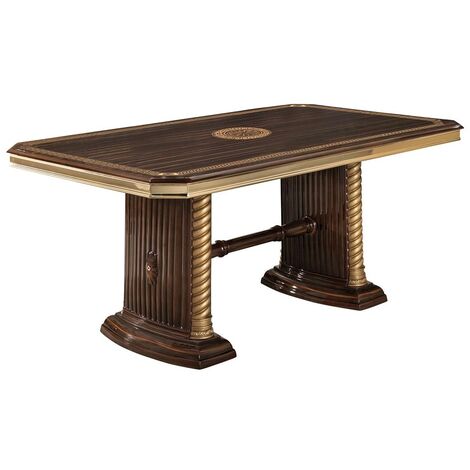 Table à manger rectangulaire extensible bois vernis laqué brillant marron et doré Vinza 185 à 230cm