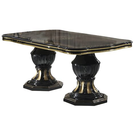 Table à manger rectangulaire extensible bois vernis laqué brillant noir et doré Lesly 185 à 230cm