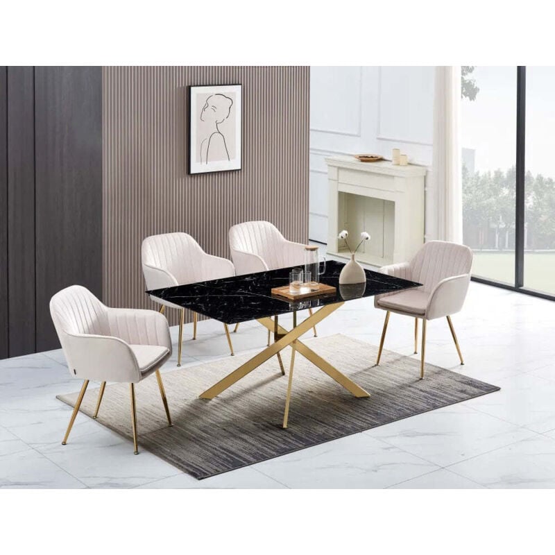 Table Repas JESSICA XXL gold verre effet marbré noir 180x90cm