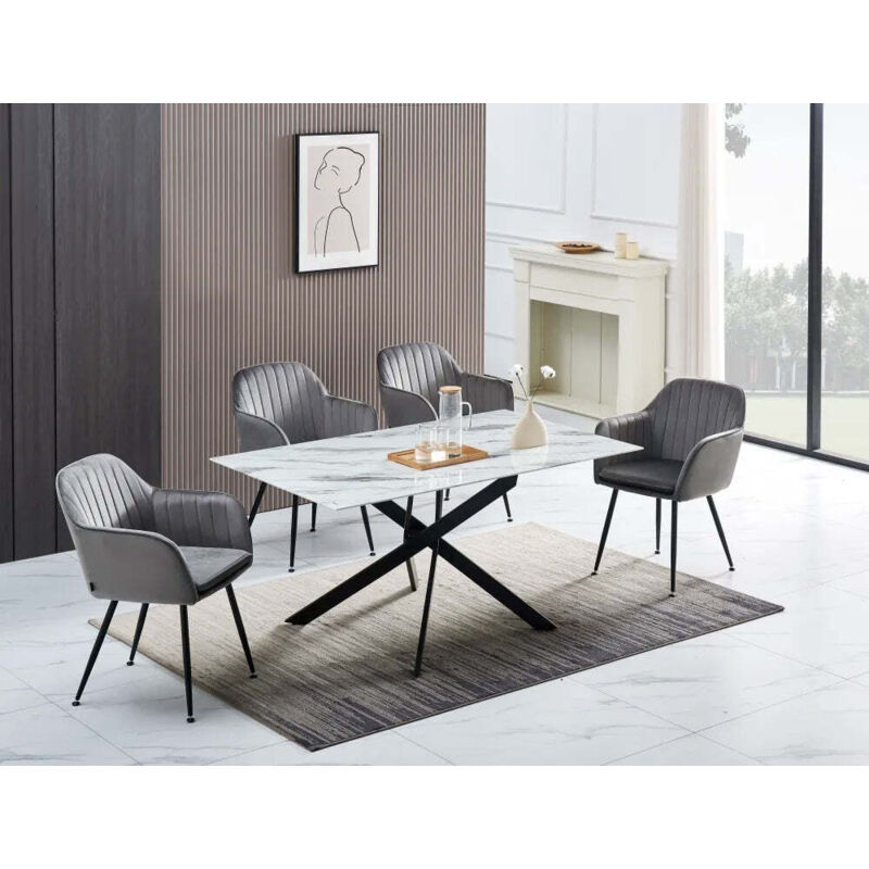 Homy France - Table Repas jessica verre effet marbré Noir 150x90cm