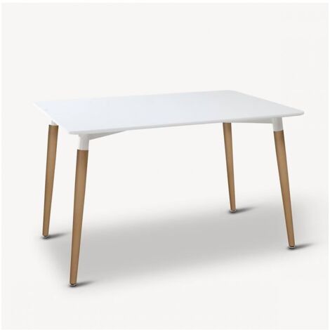 Table à manger rectangulaire scandinave avec plateau blanc et pieds effet bois - Longueur 150 x Profondeur 80 x Hauteur 74,5 cm