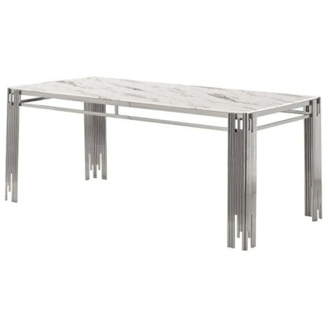 Table à Manger rectangulaire Verre Trempé Marbré Blanc et pieds Chromé – 150×90 cm