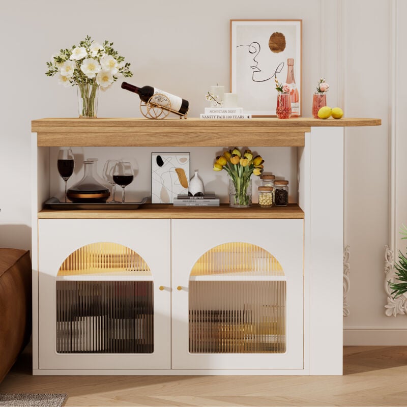 Wishdor - Table à manger extensible, table de bar rotative avec bande lumineuse led de 1 m de long, blanc