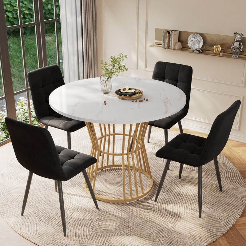 Okwish - Blanc avec pied en métal (1 pièce), table de cuisine, structure en métal robuste, marbre moderne - ou tables à manger, table de