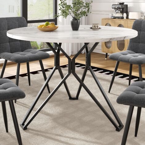 Table à manger ronde (100×100×76 cm), une table basse ronde pour quatre personnes avec d'élégants pieds en métal et un plateau en MDF effet marbre, en noir.