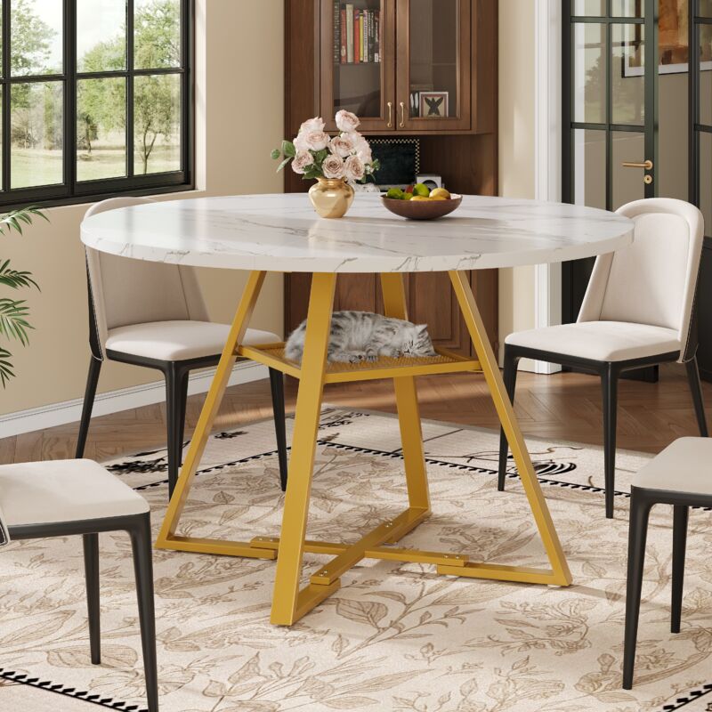 Table à manger ronde 120 cm, plateau effet marbre blanc, MDF + métal, table repas avec étagère centrale