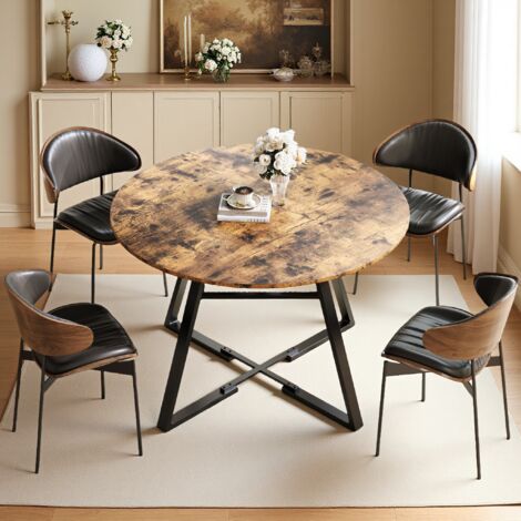 Table à Manger Ronde, 120 cm Table à Manger Bois pour Cuisine, Salle à Manger, pour 4 Personnes, Étage de Rangement, Cadre Métallique, Marron Rustique
