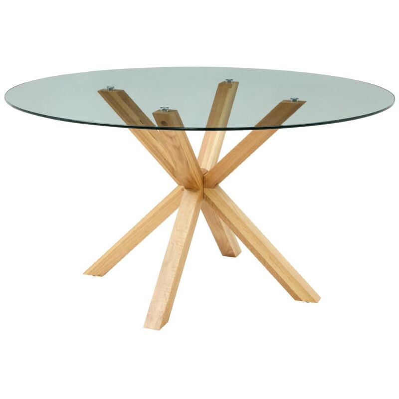 Vente-unique - Table à manger ronde 4 couverts en verre trempé et bois de chêne - Transparent - lanievo