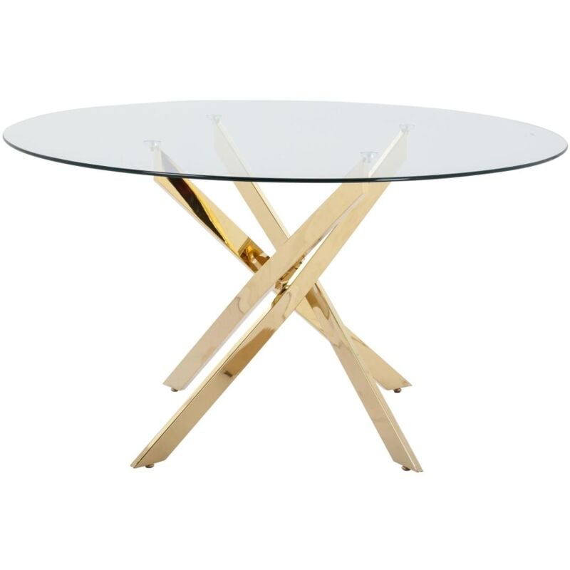Vente-unique - Table à manger ronde 6 personnes en verre trempé et métal doré - Transparent - cosima