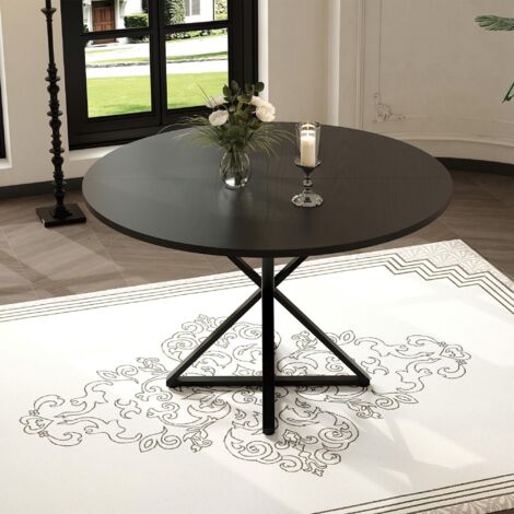 Table À Manger Ronde 47" (120 cm) pour 4-6 Convives, Piètement Central, Style Fermier Bois noir, Petits Espaces, Salon, Table Seule