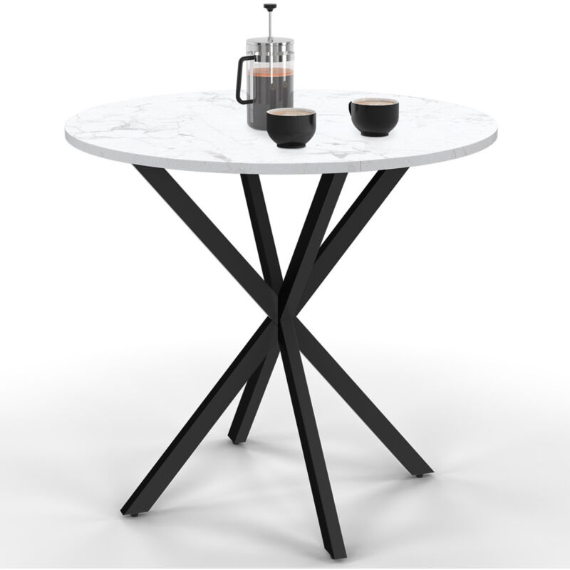 Idmarket - Table à manger ronde alix 4 personnes pied araignée noir plateau effet marbre blanc alaska 80 cm