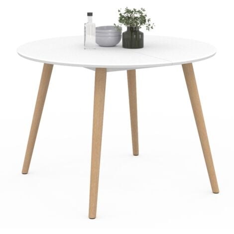 Table à manger ronde ANGELA 4 personnes blanc pieds bois 110 cm