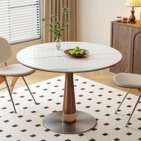 Table à manger ronde avec plateau en pierre frittée, diamètre 100 cm, hauteur 75 cm, résistante aux rayures et à la chaleur, base en acier inoxydable