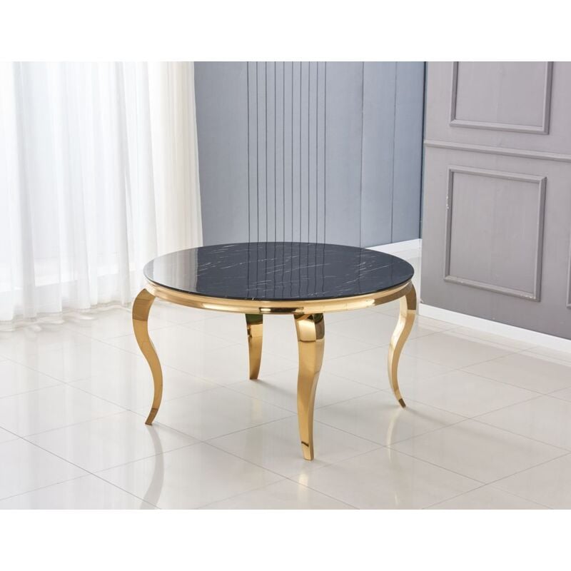 Homy France - Table à manger ronde baroque gold blanc ultra 130x75 cm