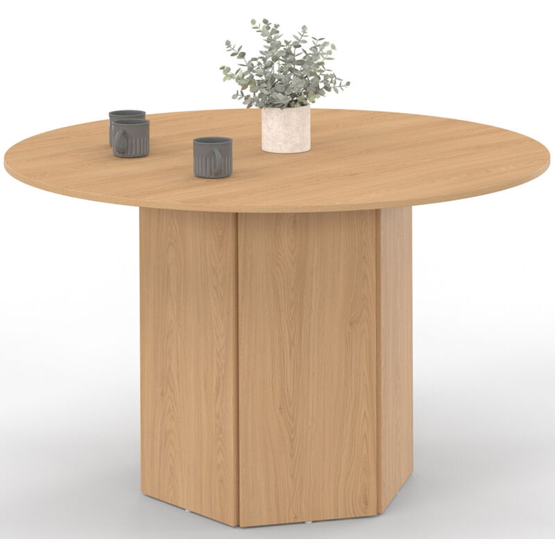 Table ronde 6 personnes bois effet hêtre 110 cm pied hexagonal