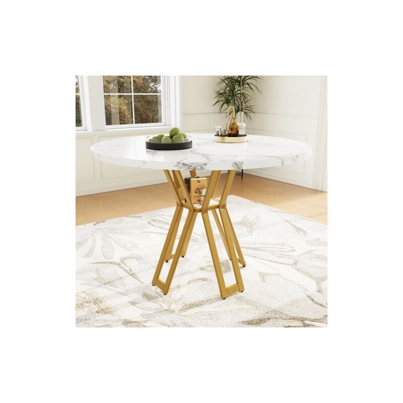 Okwish - Table à manger ronde blanche 4-6 palces, plateau de table en mdf marbré avec pieds en métallique dorés, pour salle à manger, salon et