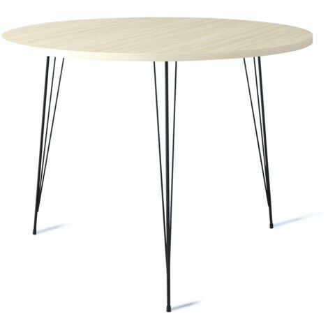 Table à manger ronde bois blanchi et pieds en forme d'épingles acier noir Kizone 90cm