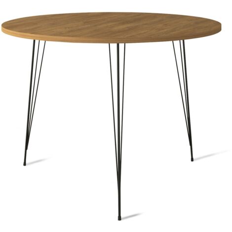 Table à manger ronde bois clair et pieds en forme d'épingles acier noir Kizone 90cm
