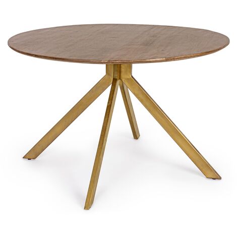 Table à manger ronde bois de manguier foncé et pieds acier laiton mat Kamy 120 cm