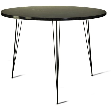 Table à manger ronde bois effet marbre noir et pieds en forme d'épingles acier noir Kizone 90cm