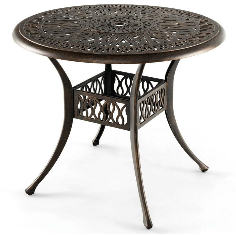 Table à manger ronde de patio table bistro en fonte d'aluminium avec trou pour parasol Ø90 x 74 cm marron