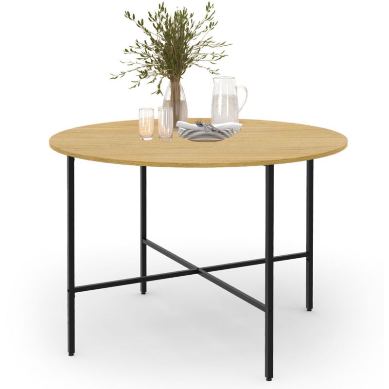 Idmarket – Table à manger ronde 110 cm – 4-6 personnes – Plateau MDF et pieds métal – Design industriel pour petits espaces