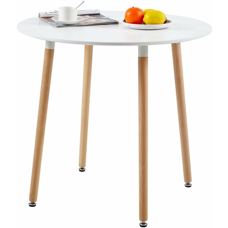 Eggree - Table à Manger Ronde Moderne Laquée Blanc Mat pour 2 à 4 Personnes - Pieds en Hêtre - 80 x 80 x 73 cm