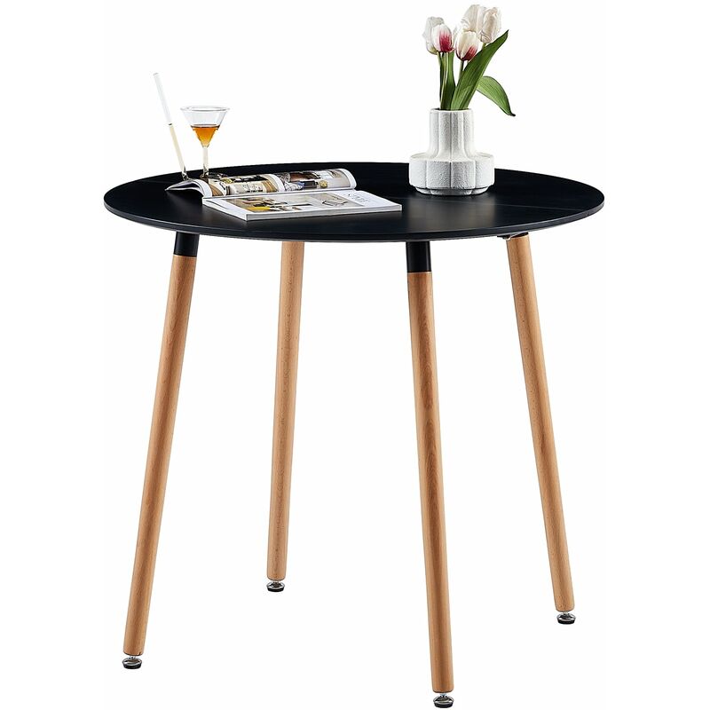 Table à Manger Ronde Moderne Laquée Noir Mat pour 2 à 4 Personnes - Pieds en Hêtre - 80 x 80 x 73 cm