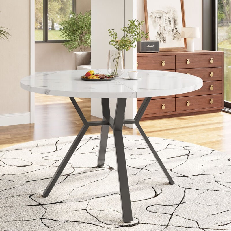 Table à manger ronde en marbre moderne et simple (diamètre 1 m), table basse noire en forme de x avec support en métal, stable et durable, un
