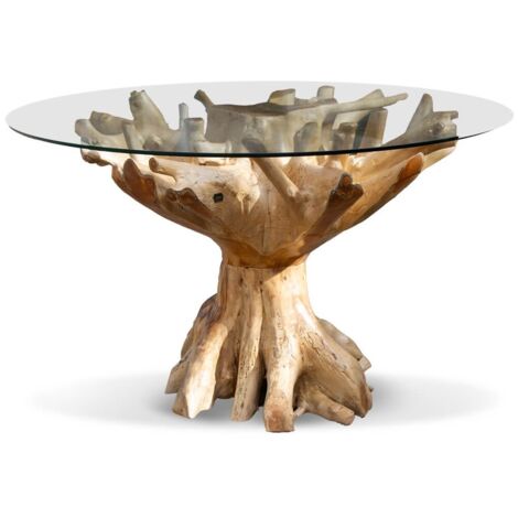 Table à manger ronde en racine de teck et verre trempé RAKINA - Ø130 et Ø150cm 130 cm-Diamètre 130 cm
