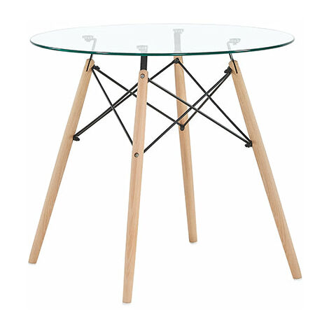 Table à manger ronde en verre transparent Scandinave pieds en Hêtre et Support en métal