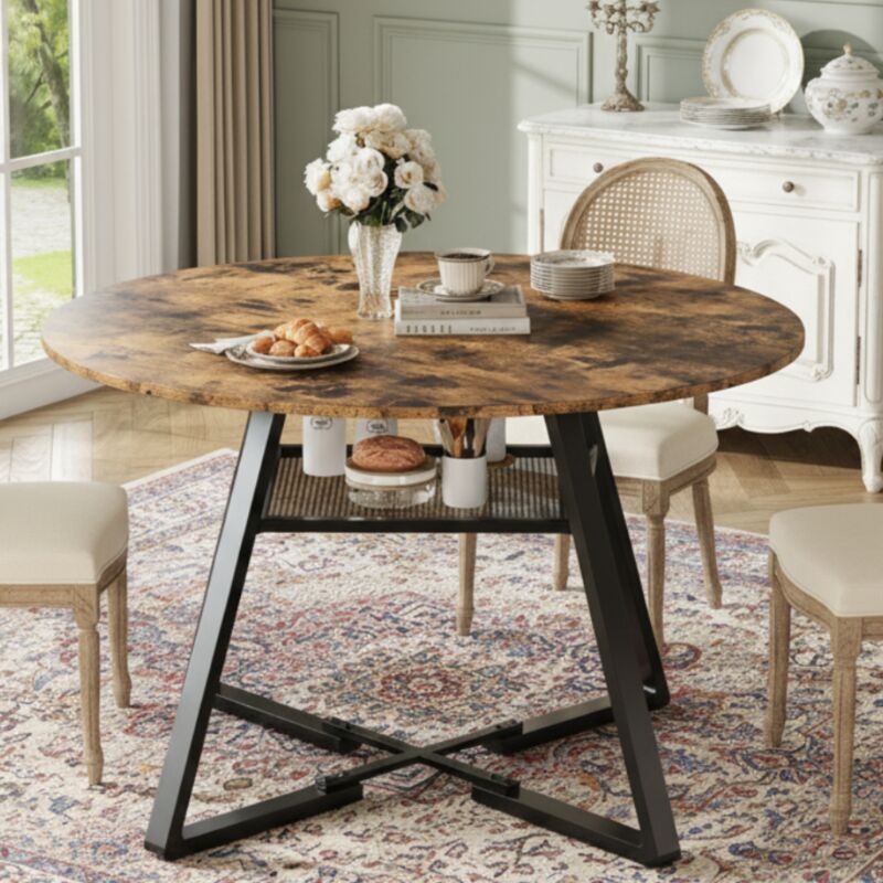 Table à Manger Ronde Extensible 120-140 cm,4-6 Personnes, Plateau en MDF et Métal, Idéale pour Cuisine, Salon et Salle à Naturel